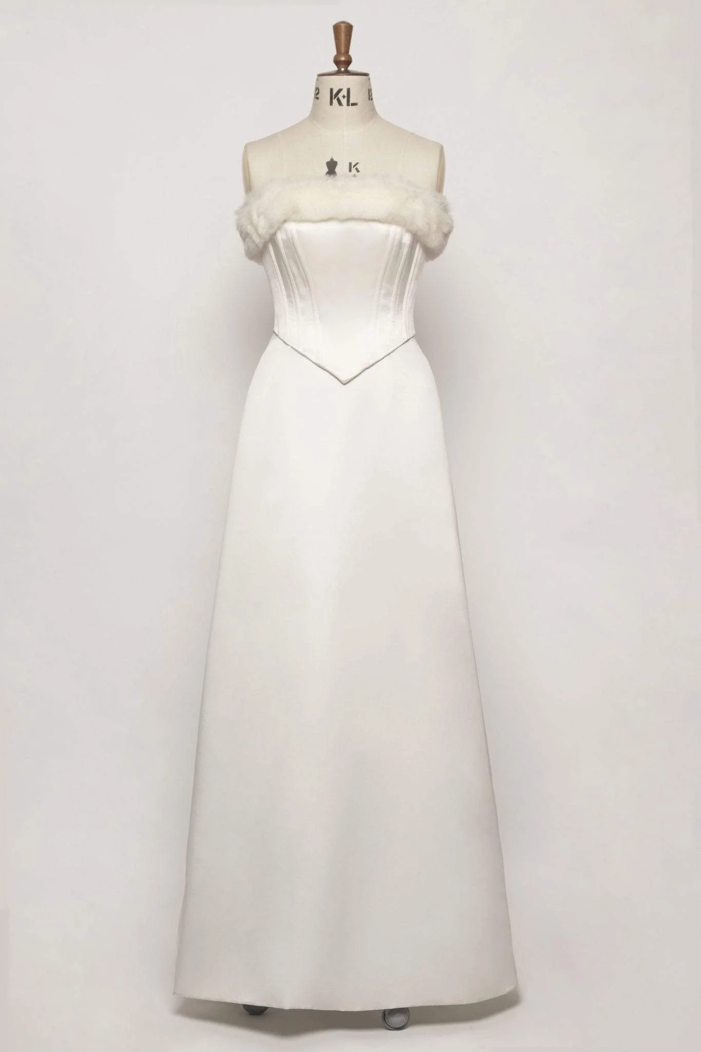 Bells of Ireland three-piece fur trim wedding dress front view on mannequin full length