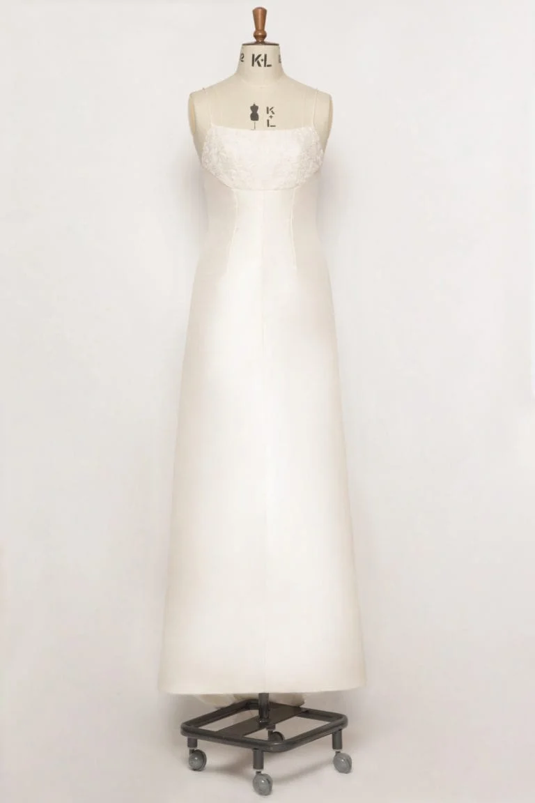 Edelweiss silk dupion A-line wedding dress front view showing embroidered bodice and spaghetti straps