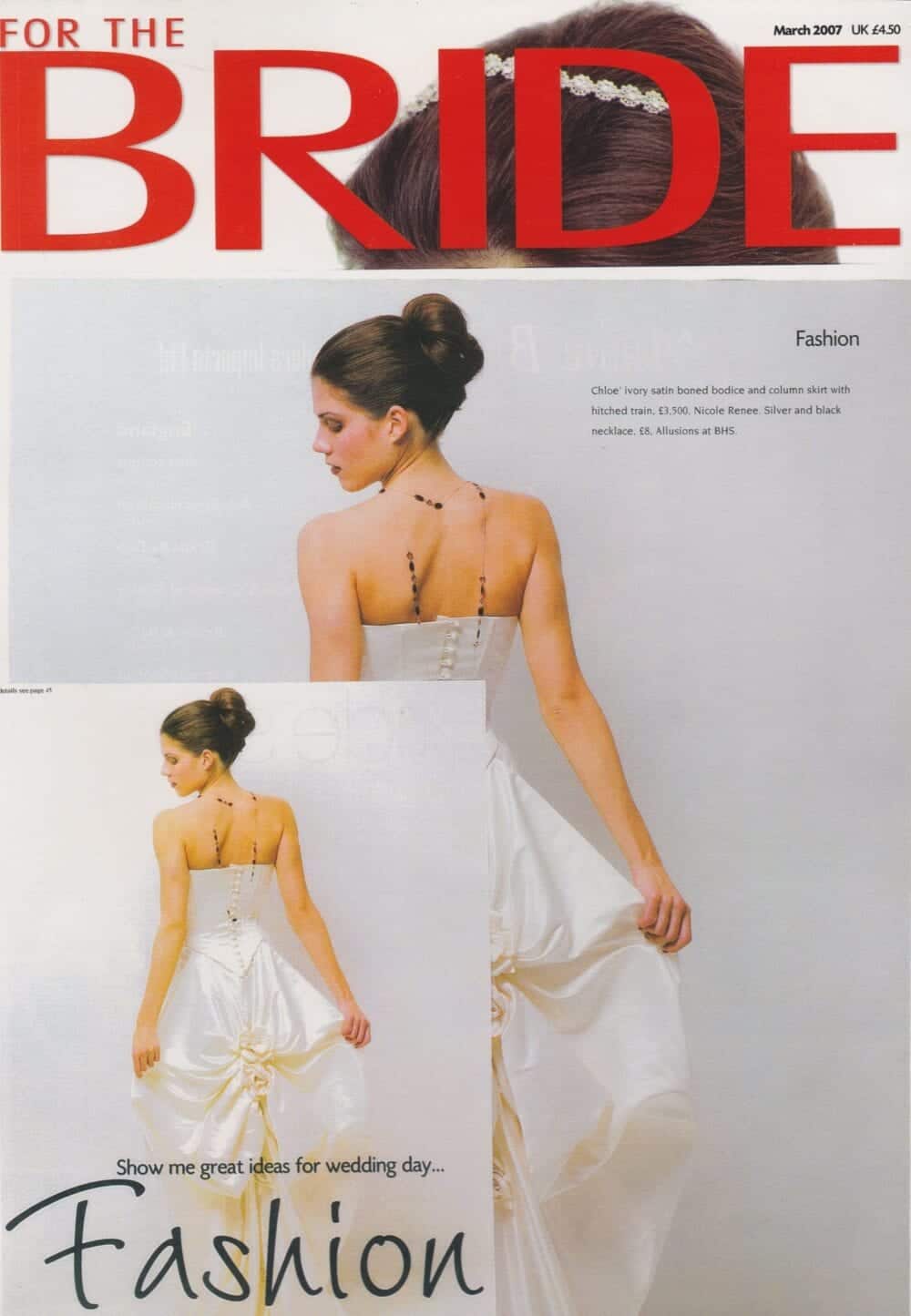 For the bride magazine showing a structured bridal corset with smooth curves, soft drapes around the hips, and a dramatic skirt with hand-made flowers and bows in duchess satin.