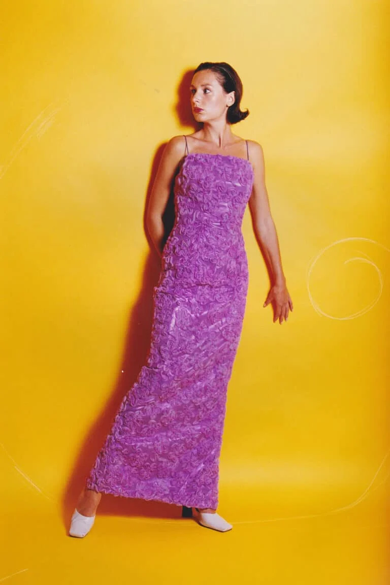 Long floral embroidered tulle column sheath dress with violet metallic lame backing and delicate piped spaghetti straps
