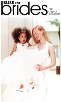 Bliss for brides mag - Fairytale Peach duchess satin halter gown with sweetheart bodice, full tulle skirt, piped edges, and covered buttons and matching bridesmaid dress.